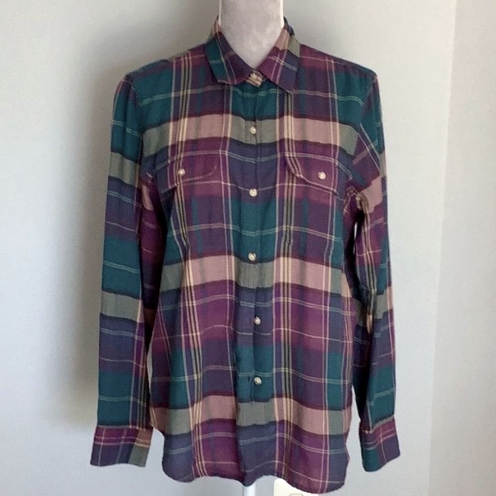 NWOT Chaps soft long-sleeved brushed cotton teal/purple plaid shirt, size L